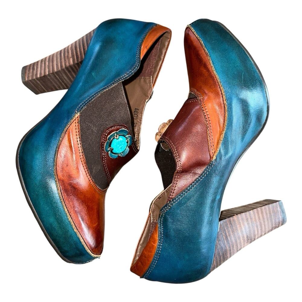 Spring Step L'Artiste Heels Women's Deco Leather Gray/Beige Platform sz 38 7.5-8